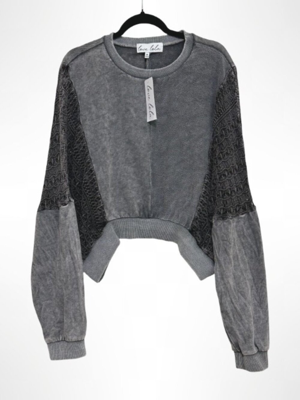 LOVE LOLA Acid Wash Mixed Media Crochet Crop Sweatshirt Gray M